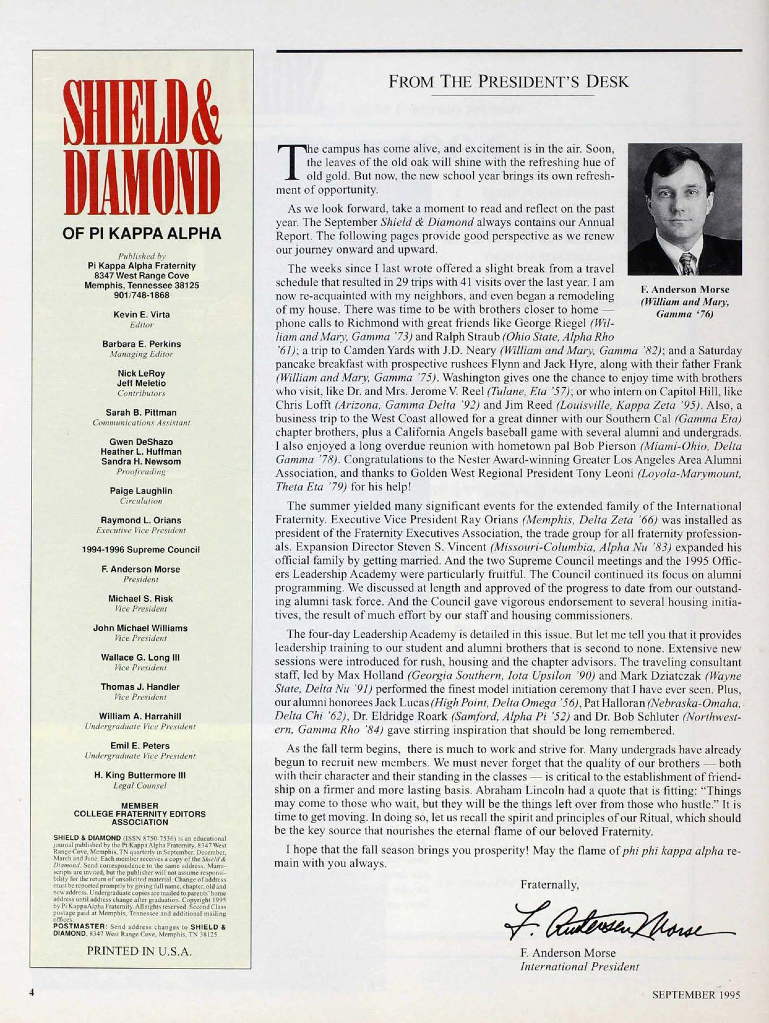 Shield & Diamond of Pi Kappa Alpha, September 1995